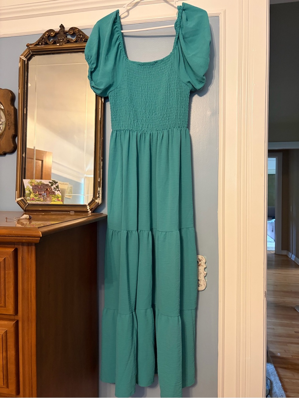 Lark & Gray Smocked Puff-Sleeve Maxi Dress in Teal